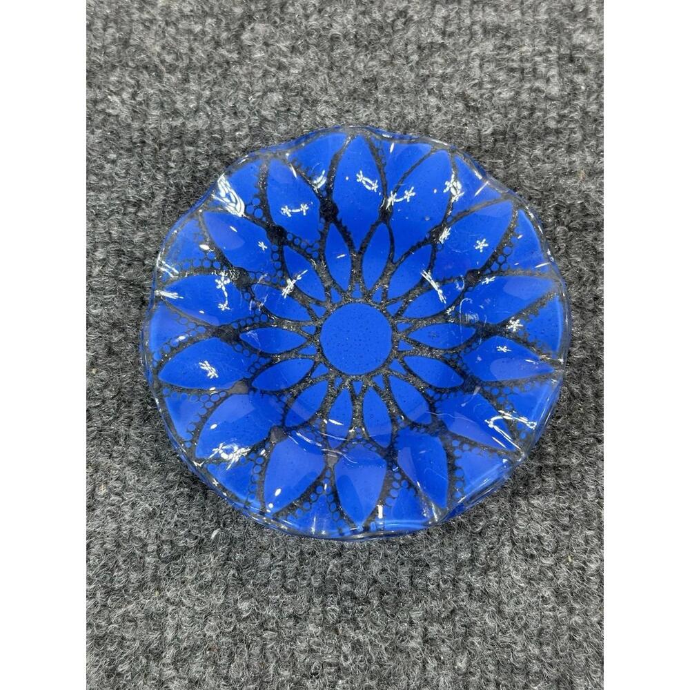 Signed Cobalt Blue Glass Bowl Dish 5” Fused Art Glass Handmade BOHO Trinket